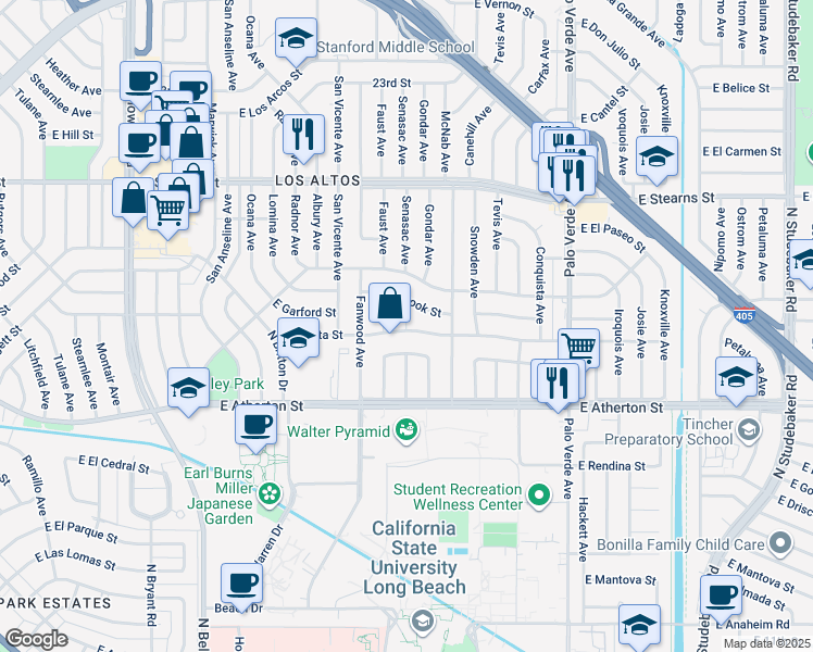 map of restaurants, bars, coffee shops, grocery stores, and more near 6040 East Fairbrook Street in Long Beach