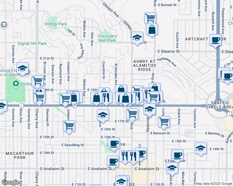 map of restaurants, bars, coffee shops, grocery stores, and more near 1918 Orizaba Avenue in Signal Hill