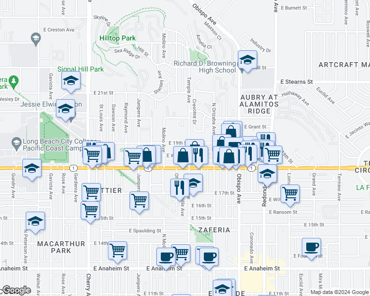 map of restaurants, bars, coffee shops, grocery stores, and more near 1903 Temple Avenue in Signal Hill