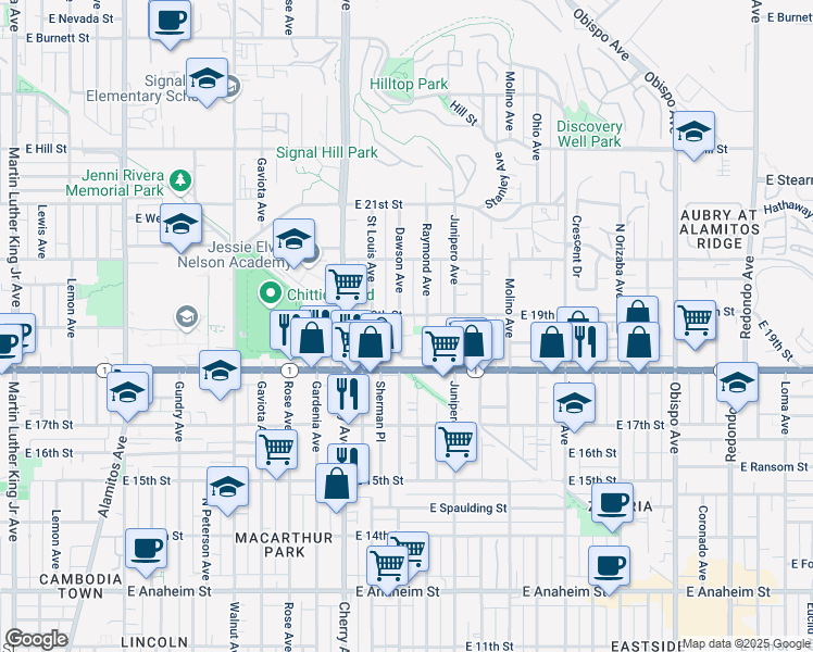 map of restaurants, bars, coffee shops, grocery stores, and more near 1910 Dawson Avenue in Signal Hill