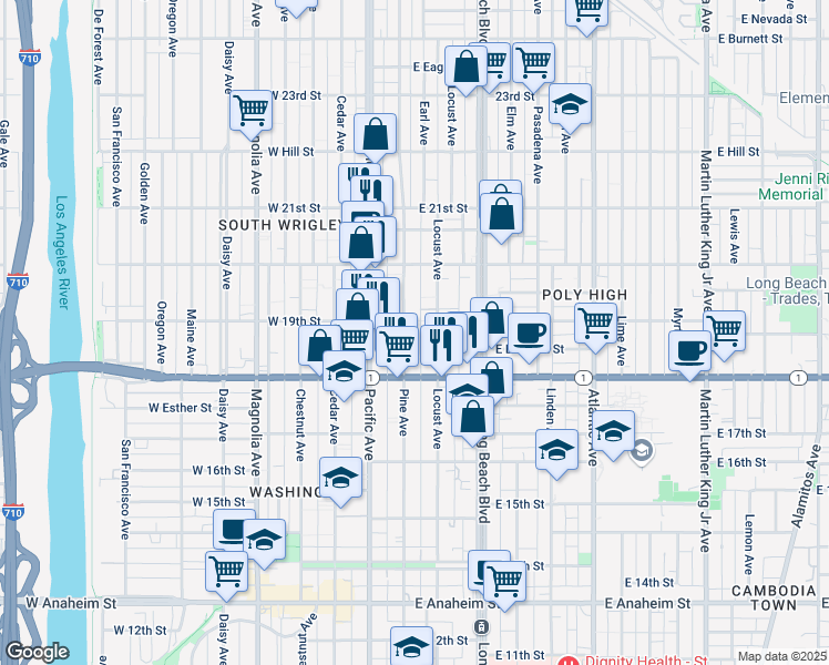 map of restaurants, bars, coffee shops, grocery stores, and more near 1907 Pine Avenue in Long Beach