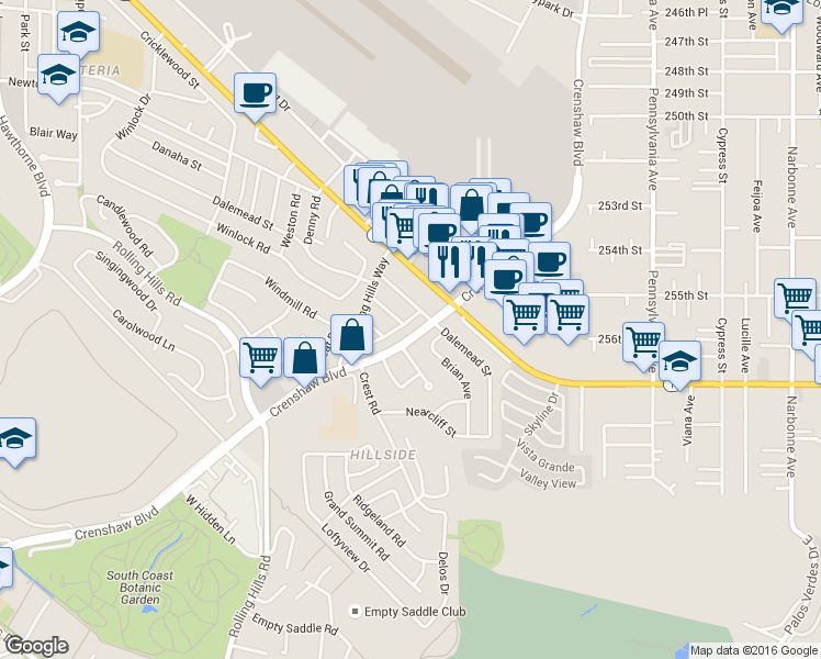 map of restaurants, bars, coffee shops, grocery stores, and more near 2722 Dalemead Street in Torrance