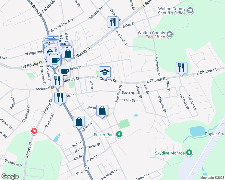 map of restaurants, bars, coffee shops, grocery stores, and more near 621 Davis Street in Monroe