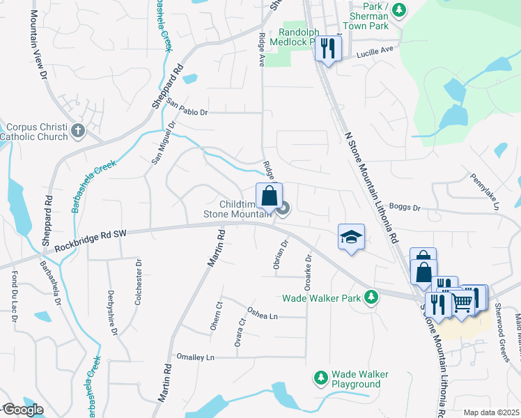 map of restaurants, bars, coffee shops, grocery stores, and more near 5294 Stonebush Terrace in Stone Mountain