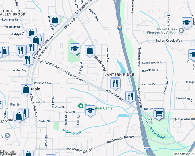 map of restaurants, bars, coffee shops, grocery stores, and more near 3335 Park Pointe Circle in Scottdale