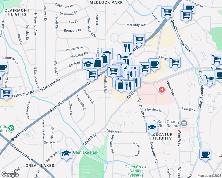 map of restaurants, bars, coffee shops, grocery stores, and more near 539 Medlock Road in Decatur