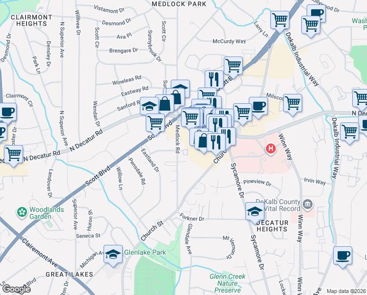 map of restaurants, bars, coffee shops, grocery stores, and more near 539 Medlock Road in Decatur