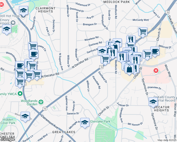 map of restaurants, bars, coffee shops, grocery stores, and more near 1368 Scott Boulevard in Decatur