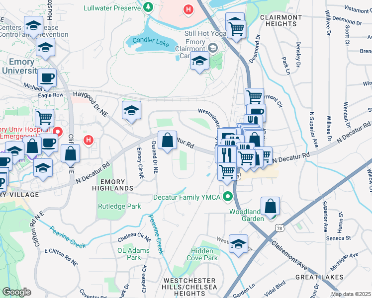 map of restaurants, bars, coffee shops, grocery stores, and more near 1981 North Decatur Road in Atlanta
