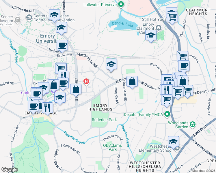 map of restaurants, bars, coffee shops, grocery stores, and more near 1949 Ridgewood Drive Northeast in Atlanta