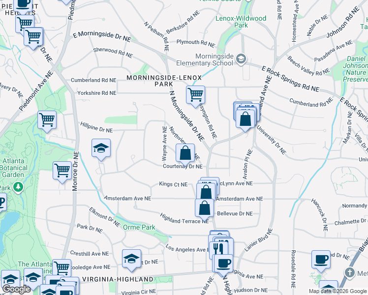 map of restaurants, bars, coffee shops, grocery stores, and more near 1390 North Morningside Drive Northeast in Atlanta