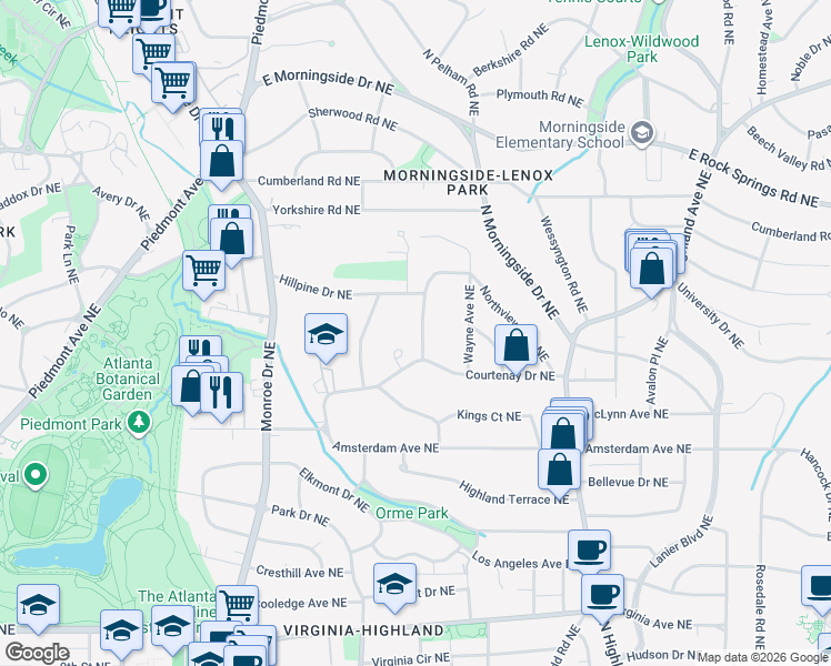 map of restaurants, bars, coffee shops, grocery stores, and more near 1366 Greenland Drive Northeast in Atlanta