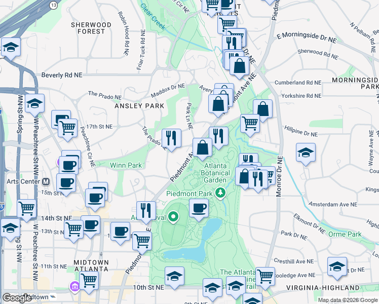 map of restaurants, bars, coffee shops, grocery stores, and more near 15 The Prado Northeast in Atlanta
