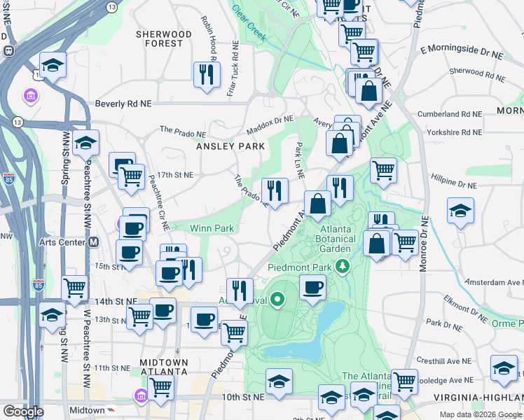 map of restaurants, bars, coffee shops, grocery stores, and more near 59 The Prado Northeast in Atlanta