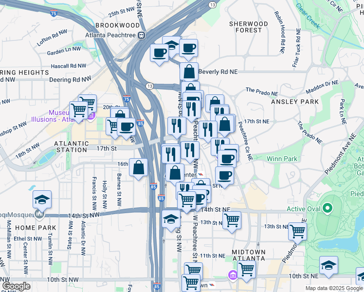 map of restaurants, bars, coffee shops, grocery stores, and more near in Atlanta