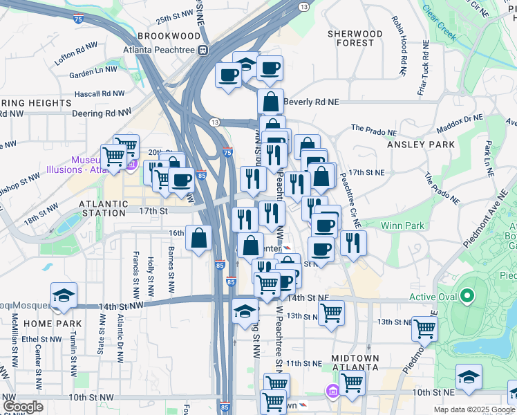 map of restaurants, bars, coffee shops, grocery stores, and more near in Atlanta