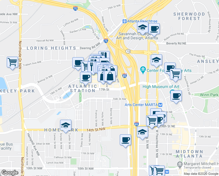 map of restaurants, bars, coffee shops, grocery stores, and more near 201 17th Street Northwest in Atlanta