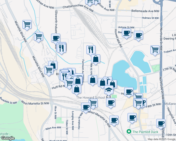 map of restaurants, bars, coffee shops, grocery stores, and more near 1329 Booth Avenue Northwest in Atlanta