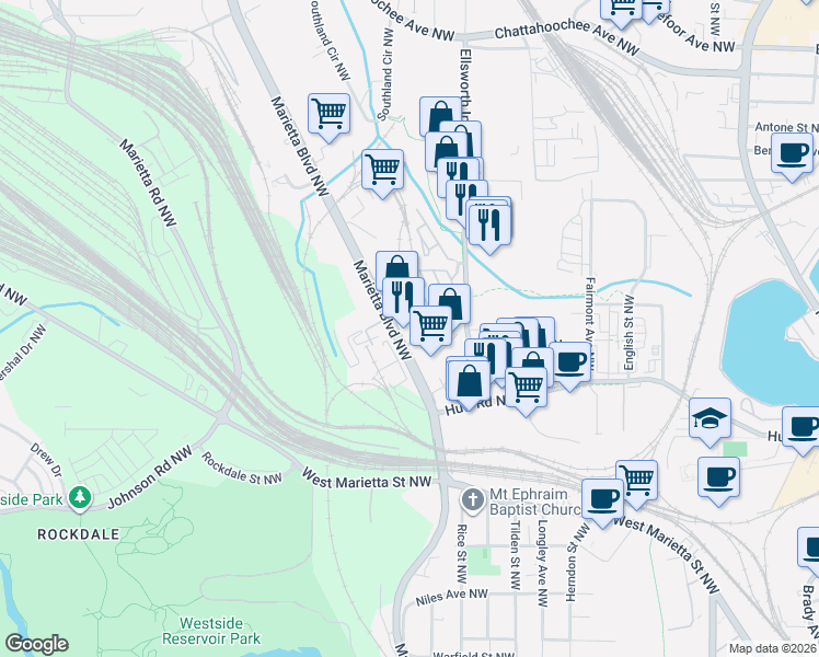 map of restaurants, bars, coffee shops, grocery stores, and more near 1269 Mackintosh Park Northwest in Atlanta