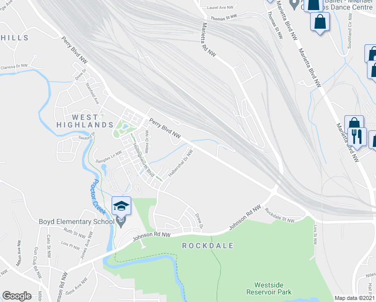 map of restaurants, bars, coffee shops, grocery stores, and more near 1624 Perry Boulevard Northwest in Atlanta