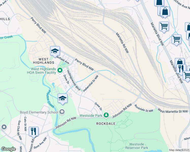 map of restaurants, bars, coffee shops, grocery stores, and more near 1744 Habershal Drive Northwest in Atlanta