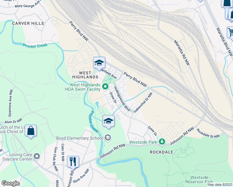 map of restaurants, bars, coffee shops, grocery stores, and more near 1784 Hollingsworth Boulevard in Atlanta