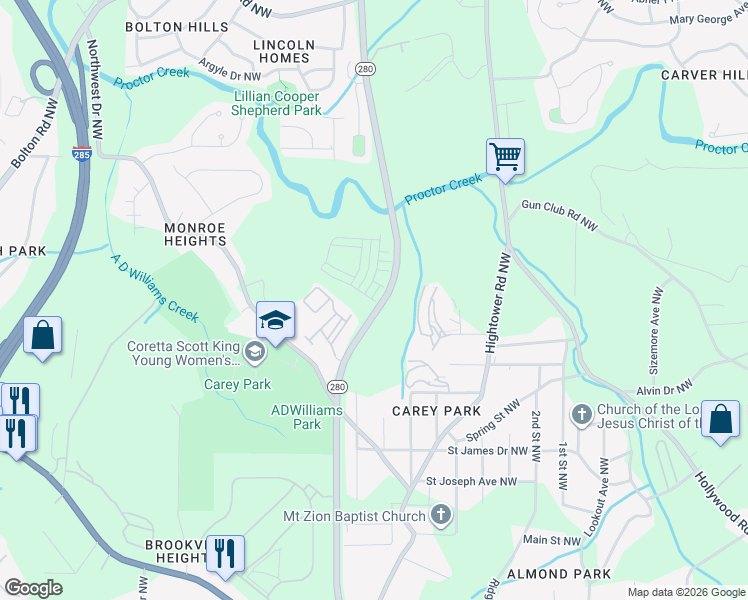 map of restaurants, bars, coffee shops, grocery stores, and more near 1692 James Jackson Parkway Northwest in Atlanta
