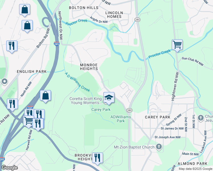 map of restaurants, bars, coffee shops, grocery stores, and more near 1333 Northwest Drive Northwest in Atlanta