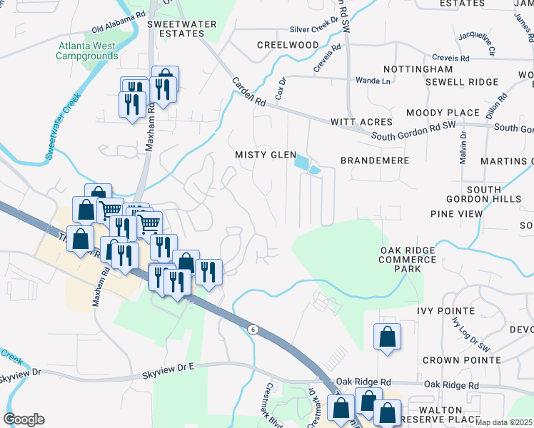 map of restaurants, bars, coffee shops, grocery stores, and more near 6631 Coventry Point in Austell