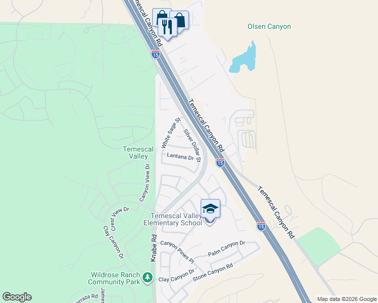 map of restaurants, bars, coffee shops, grocery stores, and more near 9195 Desert Acacia Lane in Corona