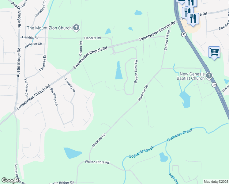 map of restaurants, bars, coffee shops, grocery stores, and more near 71 Haven Brook Way in Douglasville