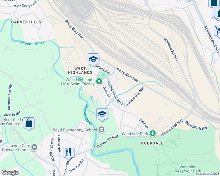 map of restaurants, bars, coffee shops, grocery stores, and more near 1784 Hollingsworth Boulevard in Atlanta