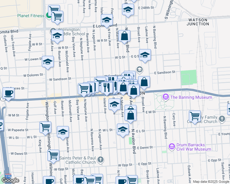map of restaurants, bars, coffee shops, grocery stores, and more near 311 West Pacific Coast Highway in Los Angeles