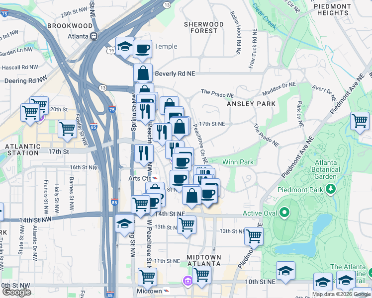 map of restaurants, bars, coffee shops, grocery stores, and more near 1325 Peachtree Street Northeast in Atlanta