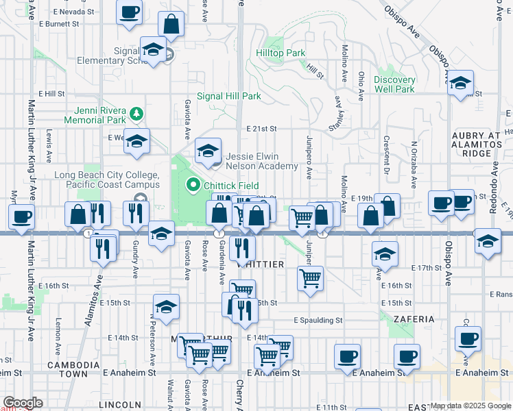 map of restaurants, bars, coffee shops, grocery stores, and more near 1887 Saint Louis Avenue in Signal Hill