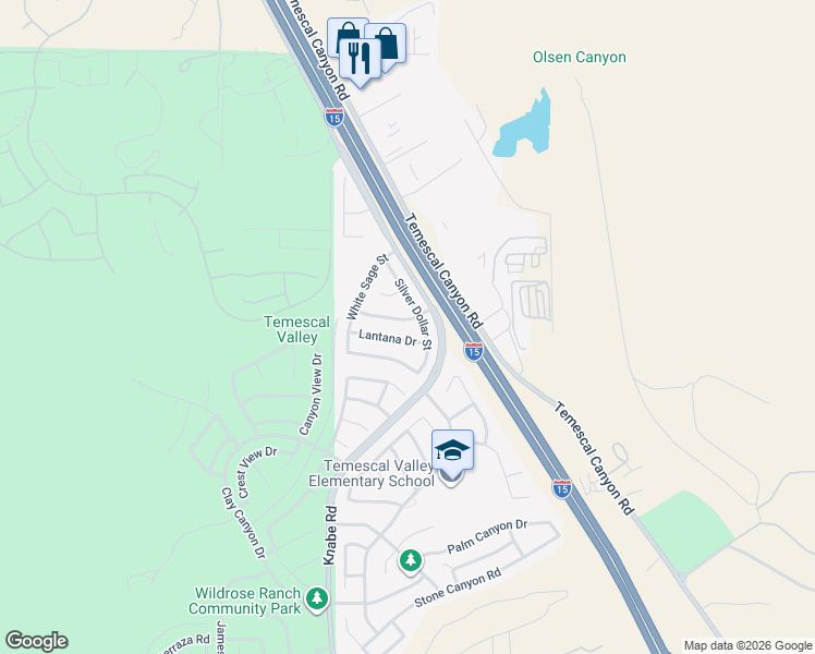 map of restaurants, bars, coffee shops, grocery stores, and more near 22509 Silver Dollar Street in Corona