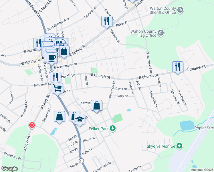 map of restaurants, bars, coffee shops, grocery stores, and more near 621 Davis Street in Monroe