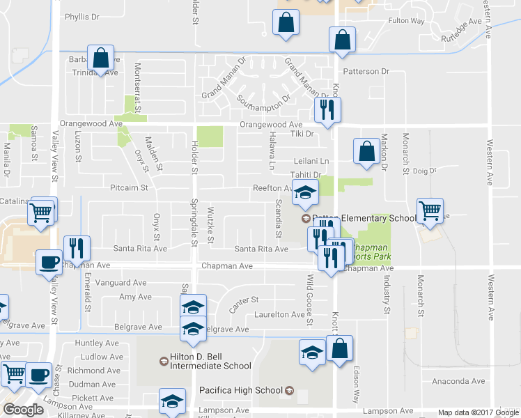 map of restaurants, bars, coffee shops, grocery stores, and more near 11781 Lamplighter Street in Garden Grove