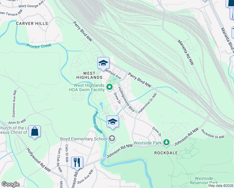 map of restaurants, bars, coffee shops, grocery stores, and more near 963 Samples Lane Northwest in Atlanta