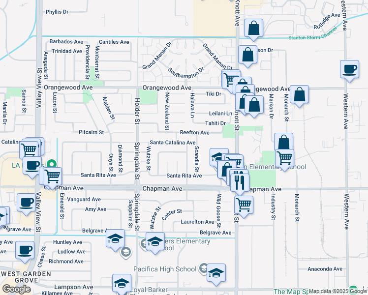map of restaurants, bars, coffee shops, grocery stores, and more near 11781 Lamplighter Street in Garden Grove