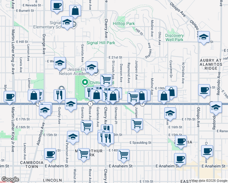map of restaurants, bars, coffee shops, grocery stores, and more near 1887 Saint Louis Avenue in Signal Hill