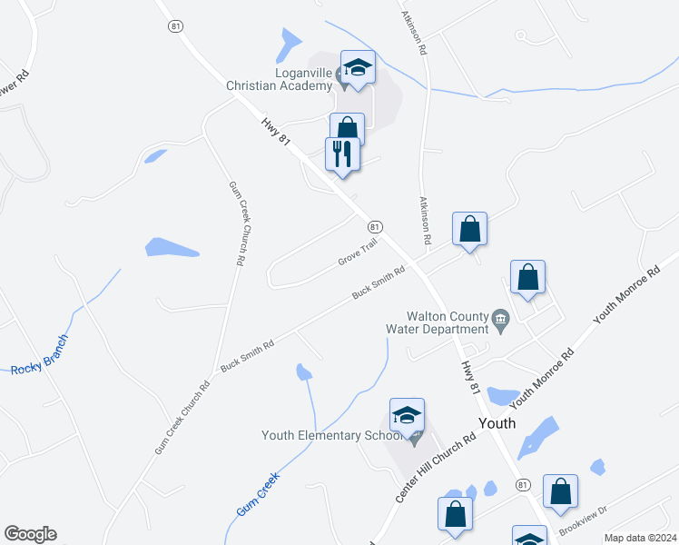 map of restaurants, bars, coffee shops, grocery stores, and more near 3940 Grove Trail in Loganville
