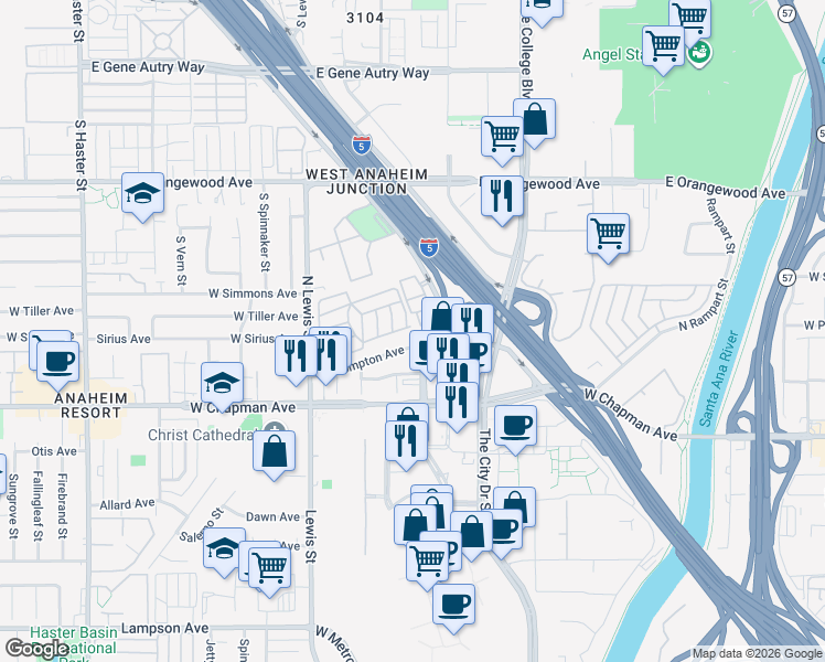 map of restaurants, bars, coffee shops, grocery stores, and more near 2300 Lewis Street in Anaheim