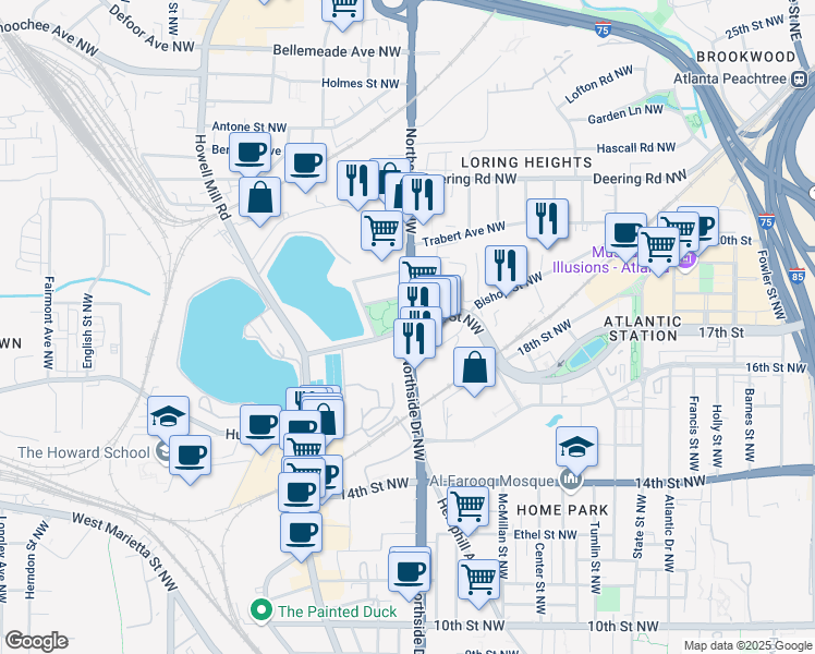 map of restaurants, bars, coffee shops, grocery stores, and more near Northside Dr NW & 17th St NW in Atlanta