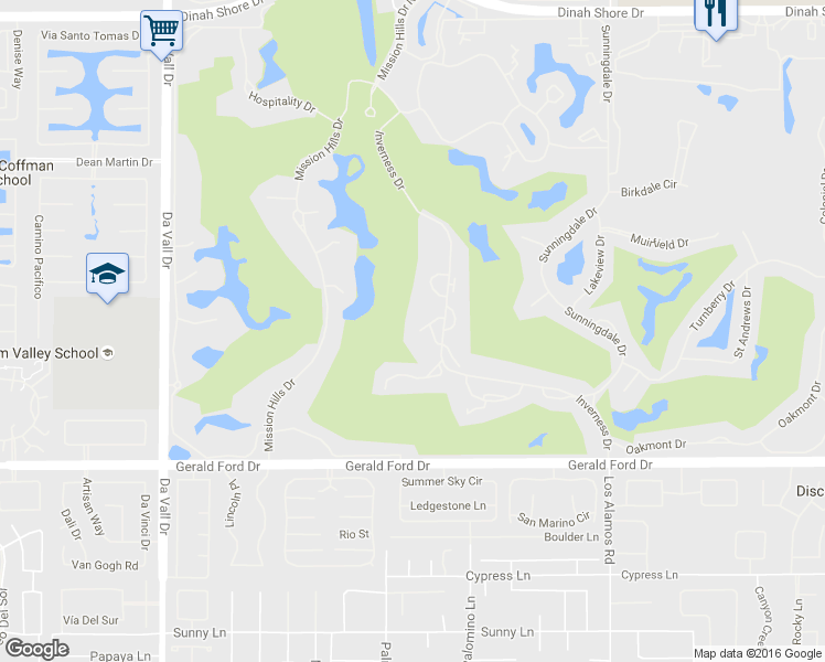 map of restaurants, bars, coffee shops, grocery stores, and more near 725 Inverness Drive in Rancho Mirage