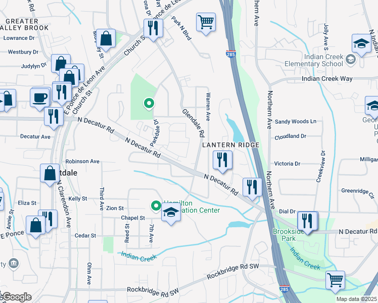 map of restaurants, bars, coffee shops, grocery stores, and more near 3335 Park Pointe Circle in Scottdale