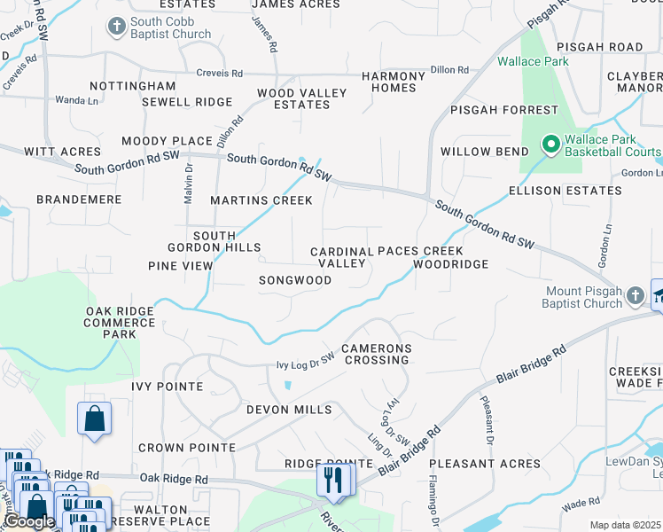 map of restaurants, bars, coffee shops, grocery stores, and more near 6691 Songwood Drive in Austell