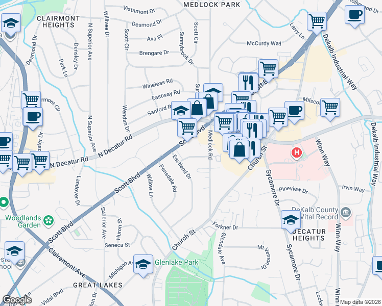 map of restaurants, bars, coffee shops, grocery stores, and more near 2384 Greylock Place in Decatur