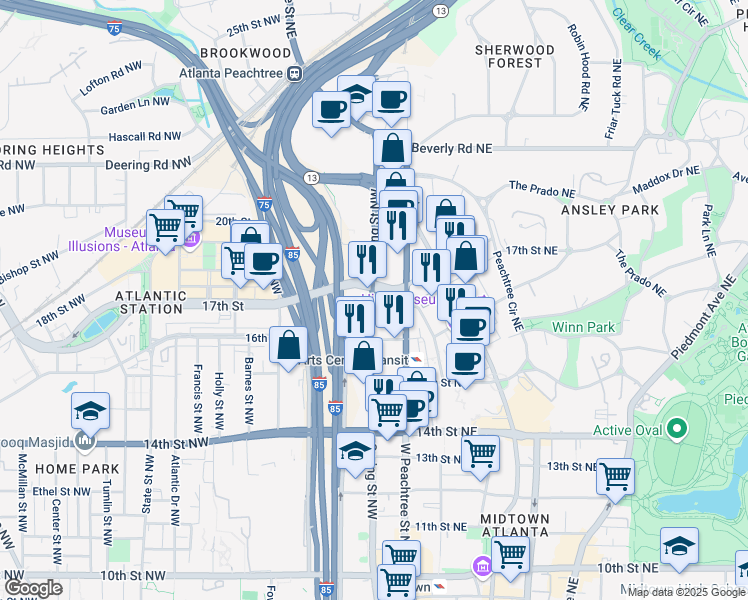 map of restaurants, bars, coffee shops, grocery stores, and more near 1331 Spring Street Northwest in Atlanta