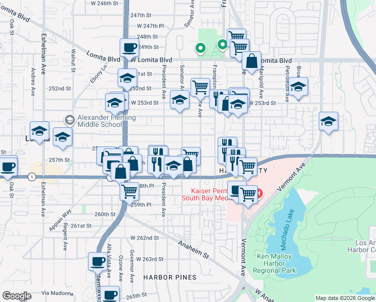 map of restaurants, bars, coffee shops, grocery stores, and more near 1428 256th Street West in Los Angeles